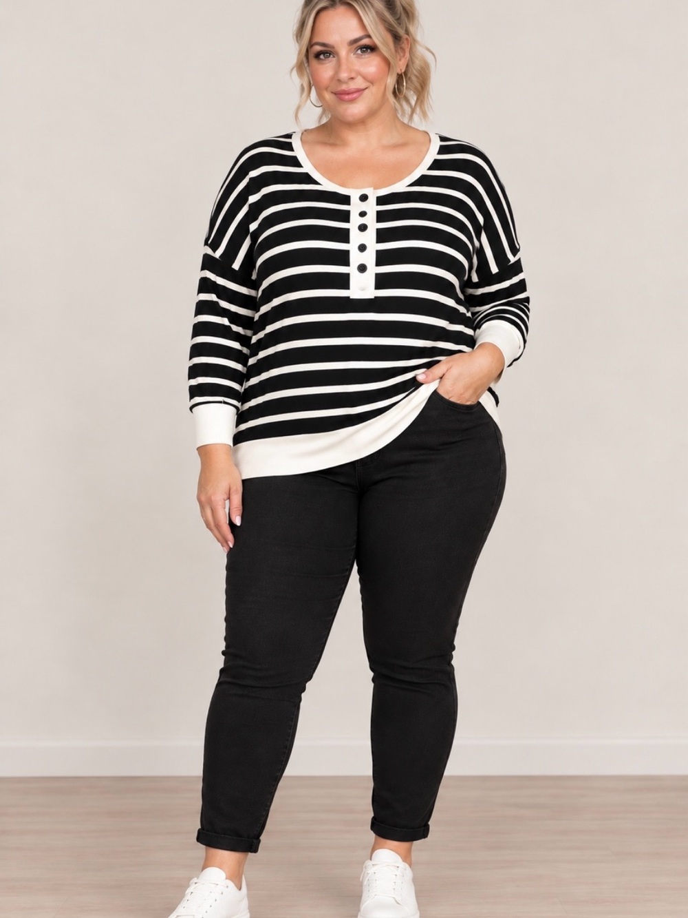 Notations Black and White Striped Henley Tunic